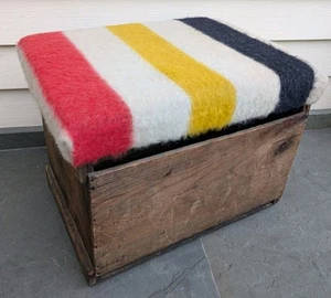 Rustic Storage Bench – Upcycled Antique Crate Hudson Bay Wool Top Cushion - Picture 1 of 13