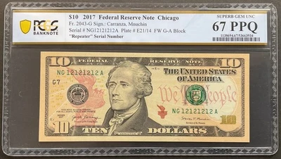 Fancy Serial Number, $10 Dollar Bill “Repeater”, # 12121212, PCGS Graded 67 PPQ - Image 1 of 2
