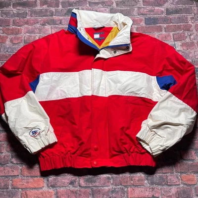 Abrigo Tommy Hilfiger Equipo de Vela Talla L Años 90 Bloque de Color Chaqueta con Capucha De Colección Foto 1 de 4