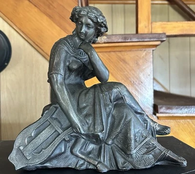 Fabulous Victorian Spelter Mantle Clock Topper - Woman With Harp - Image 1 of 4