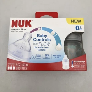 NUK Bottles 0 Month+ Smooth Flow Anti Colic 5 Oz 3 Pack Blue/ Green Design NEW - Picture 1 of 8