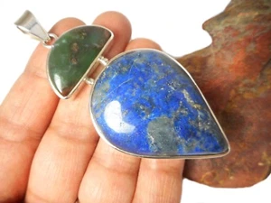 LAPIS / CHRYSOPRASE Sterling Silver 925 Gemstone PENDANT - Hallmarked - Picture 1 of 5