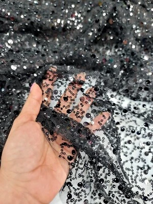 Pearl Embroidery Sequins Black Lace Fabric Sold By The Yard For Dress Prom Gown  - Image 1 of 4
