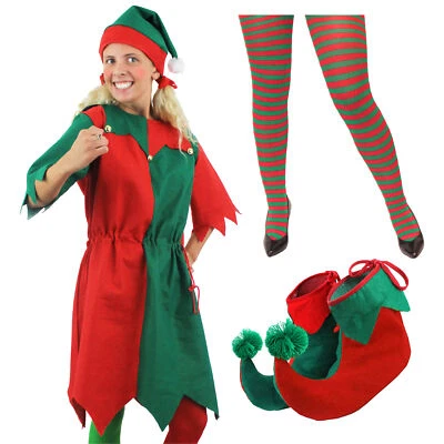 DISFRAZ DE ELFO DE NAVIDAD DISFRAZ TÚNICA ELFO BOTAS MEDIAS ADULTO FIESTA DE NAVIDAD CONJUNTO Foto 1 de 4