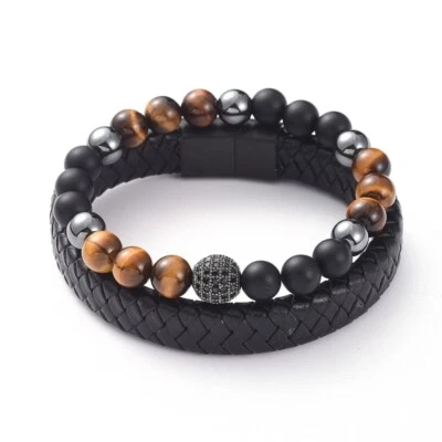 Juego de pulsera apilable unisex ojo de tigre ágata cuentas cuero hematita curación T52 Foto 1 de 4