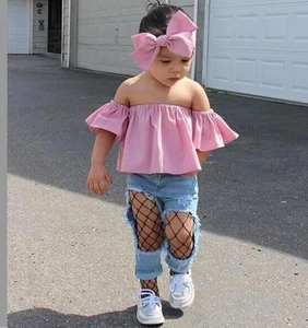 3Pcs Toddler Baby Girls Outfit tops+Hole Denim pants+Bow headwear Clothes Set - Picture 1 of 7