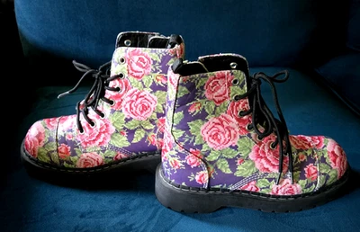 Anarchic TUK Floral Boots Faux Leather Lug Soles Pink Green Black Women's 8 Xlnt - Image 1 of 4
