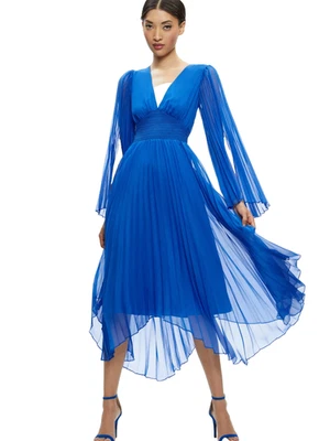 ALICE + OLIVIA SION САПФИР СИНИЙ ЗОЛОТИСТЫЙ ПЛИССИРОВАННЫЕ МАКСИ ПЛАТЬЕ ЖЕНЩИН 8 НОВЫЙ С ЯРЛЫКАМИ - Изображение 1 из 4