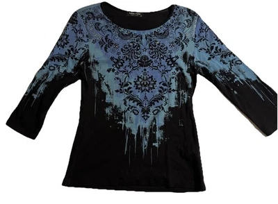 Camisa KATINA MARIE Algodón Negro y Verde Azulado Acentos Estrás Manga 3/4 Talla S Foto 1 de 4