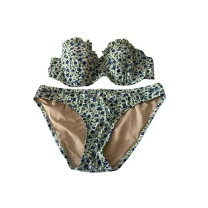 J Crew Floral Blue Green Bikini Set Small Bottom 34C Strapless Underwire Top - Picture 1 of 9