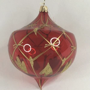 Hermoso Adorno de Navidad Brillante Pintado Dorado Vidrio Soplado Rojo Grande Cebolla - Imagen 1 de 19