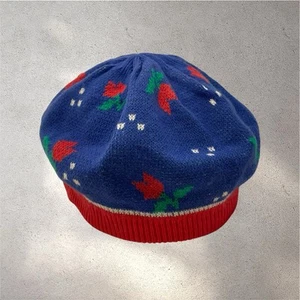 Vintage Oshkosh Baskenmütze Strickmütze Beanie gerafft rot blau Blumen Intarsien Made Korea - Bild 1 von 10