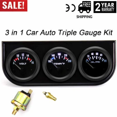 52mm 3in1 Car Volt Meter Water Temp Gauge Oil Pressure Gauge Triple Meter Kit - Image 1 of 4