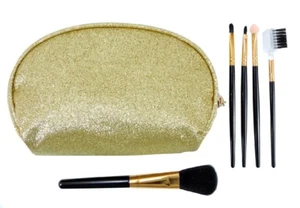 LE KIKKE Astuccio Beauty + 5 Pennelli Make Up Trucco Set Porta trucchi ORO - Foto 1 di 2