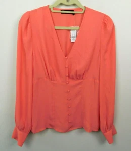 New York & Co Shirt Womens XS Coral Blouse Buttons V Neck Long Sleeve NEW NWT - Picture 1 of 8
