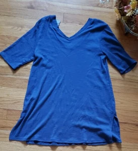 J. Jill NWT  Supima Cotton Slub-Knit Double Vneck Elbow Length SMALL  Blue NWT  - Picture 1 of 5