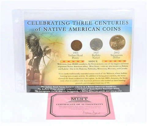 Three Centuries of Native Coins Cent 1905 Nickel 1927 Sacagawea Dollar 2002 Cover