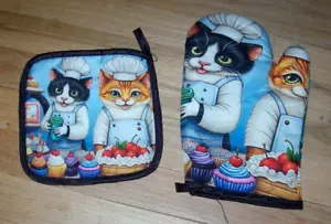 NEW Cat Pastry Chef Cooking Oven Mitt + Pot Holder 2-Piece Set for Gifts - Picture 1 of 3