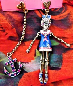 Betsey Johnson Vintage Earrings Ivy League Skeleton Girl Doll Skull Sailor Dress - Picture 1 of 6
