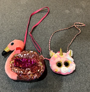 Lot of 2 Ty Beanie Baby Coin Purses Unicorn Fantasia Sequin Gilda Flamingo Pink - Picture 1 of 12