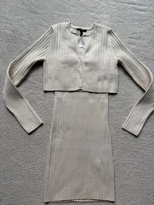 Forever 21 Set 2 Pezzi Maglione Abito e Cardigan Maglione Beige a Costine Manica Lunga - Foto 1 di 12