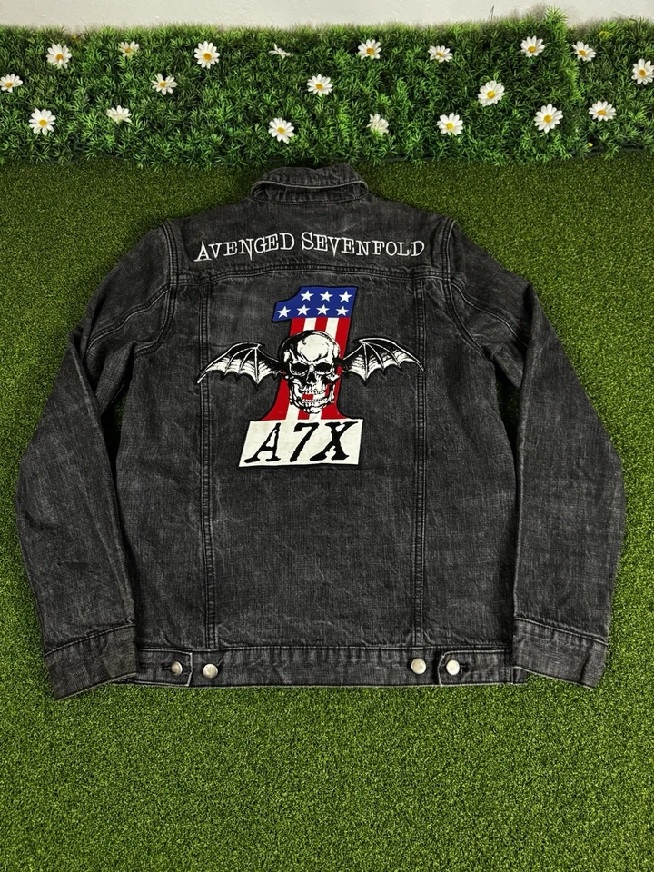 A7X Avenged Sevenfold Denim Jacket Skull Wings Flag Bravado Sz Medium RARE - Image 1 of 4