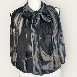 NINA RICCI Silk Top Sheer Mock Neck Tie Iridescent Black Sheer FR 36/US 4 $999 - Picture 1 of 16