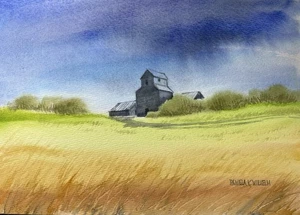 8”X 10” Original Pamela Wilhelm Watercolor Weathered Wood Grain Elevator Prairie - Picture 1 of 2