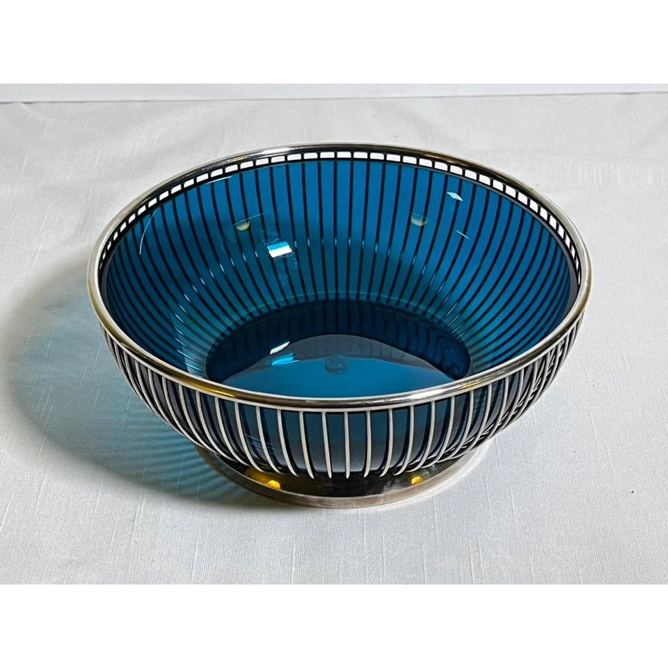 Gorham Silverplate wire basket cobalt blue bowl insert glass made in Sweden  - Image 1 of 4