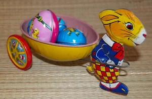 Vintage 1950s J. Chein & Co. Tin Litho Easter Bunny Rabbit Pulling Egg Cart #15 - Picture 1 of 3