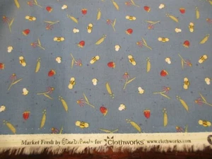 1 FQ Baumwollstoff Marktfrische kleine Erbsen, Bienen, Blumen, Erdbeeren auf blau - Bild 1 von 2