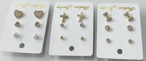 3 Pairs Gold Earrings Set Rhinestone Crystal Pearl Ear Stud Ladies Studs Quality - Picture 1 of 2