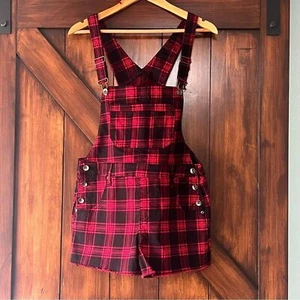 Hot Topic HT Denim rot und schwarz kariert Shortall Overall Damen Medium - Bild 1 von 5