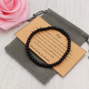 BLACK ONYX Bracelet Stretch Fit Handmade + Gift Bag & Card Crystal Gemstone 4mm - Picture 1 of 5