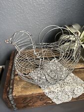 Vtg Egg Holder Wire Basket Hen Chicken Bird Metal w/ Handles 11” Handmade Sturdy