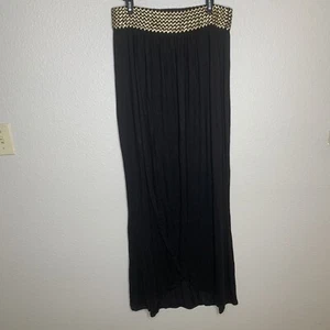 ZIG ZAG STRIPE XL Black Maxi Skirt w Gold Waist Band Right Side Slit Very Cute! - Picture 1 of 5