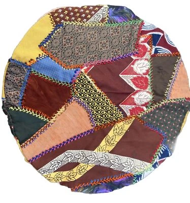 Round Crazy Quilt VTG Fabric Handmade Primitive Farmhouse Victorian Linen Art - Image 1 of 4