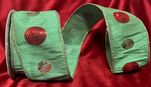 FUN Green w/red & gold Sequin Dots, Wired RIBBON (2.5” Wide) (10 Yards) - Picture 1 of 3
