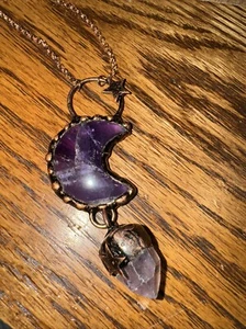 Amethyst Copper Large Pendant with Stars on Adjustable 30” copper Chain - Picture 1 of 7