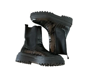Zara Lug Sole Croc Embossed Ankle Boots Black Chunky Boots Sz 39 8 US - Image 1 of 4