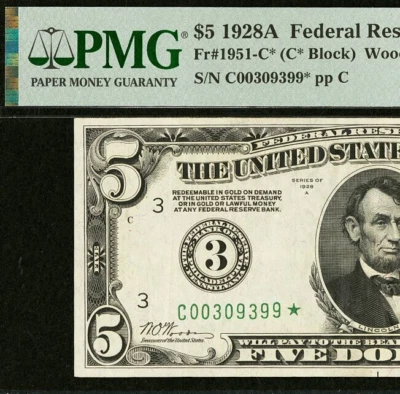 1928A $5 FRN Philadelphia PMG 40EPQ - Gold on Demand - Rare Star Note Fr 1951-C* - Image 1 of 4