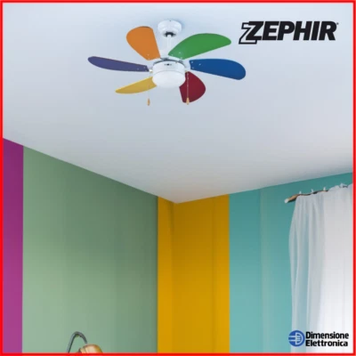 Ventilatore da Soffitto con Luce 6 Pale Colorate ZEPHIR Camera Asilo Bambino 230 - Immagine 1 di 4