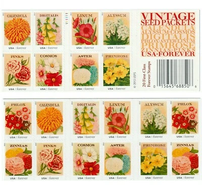 US # 4763b VINTAGE SEED PACKETS (2013) - 20 Forever Stamps Booklet Floral MNH - Image 1 of 4