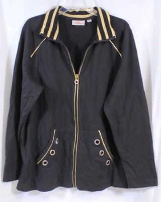 Quacker Factory Jacket French Terry Rhinestone Grommet Gold Trim Zip Up Black XL - Image 1 of 4