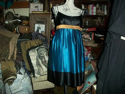 Vestido de seda STEVE MADDEN elegante azul lapiz + negro azabache + ribete de champán talla 8 Foto 1 de 4