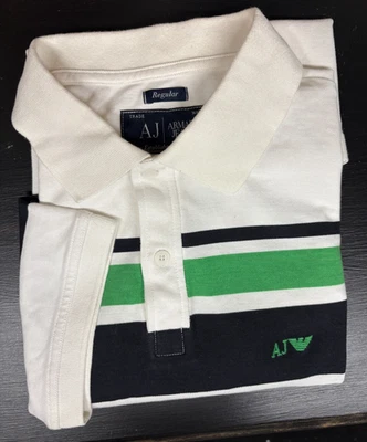 NWOT Mens Shirt AJ Armani Jeans Golf Sz XXL White Stripped Blue Green 2 Buttons - Image 1 of 4