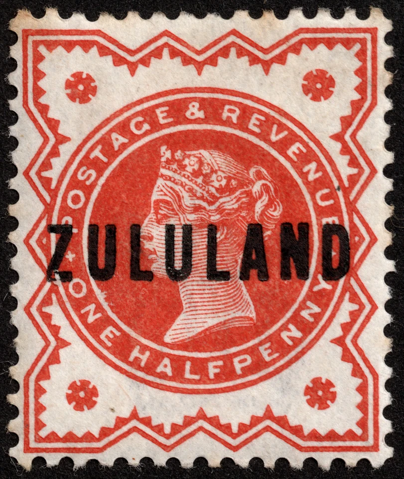 Sello Zululand Scott # 1 como nuevo en estado bastante bueno - 1/2p bermellón sobreimpreso Reina Victoria Foto 1 de 1