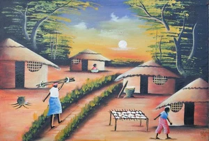 Quadro originale arte popolare africana della vita del villaggio africano tela tesa a mano - Foto 1 di 1