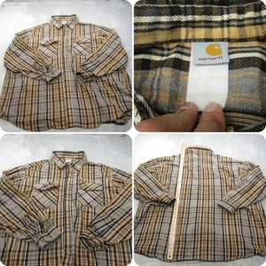 Carhartt Shirt Mens 4XLT Gray Tan Plaid Long Sleeve Flannel Heavyweight USA VTG - Picture 1 of 13
