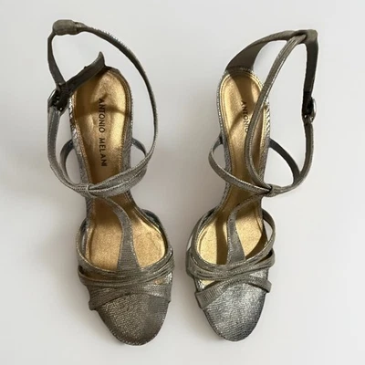 Antonio Melani  Royalty Strappy Snake Metallic Silver T strap Leather Stiletto 9 - Image 1 of 4